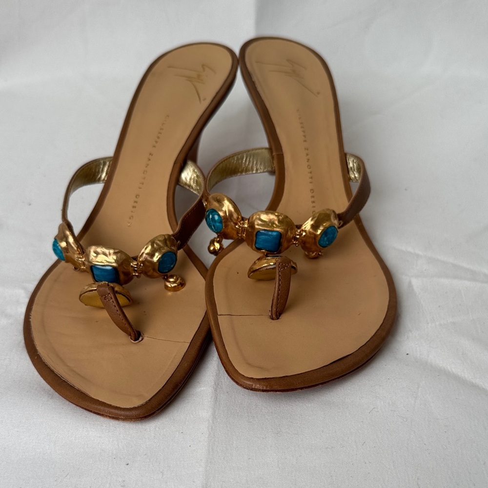 Giuseppe Zanotti Gold and Brown Sandals with Stunning Blue/Turquoise Accents